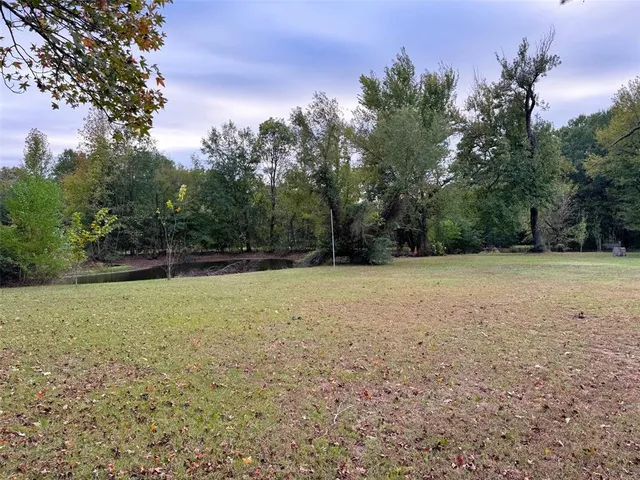 a view of a field with trees in the background