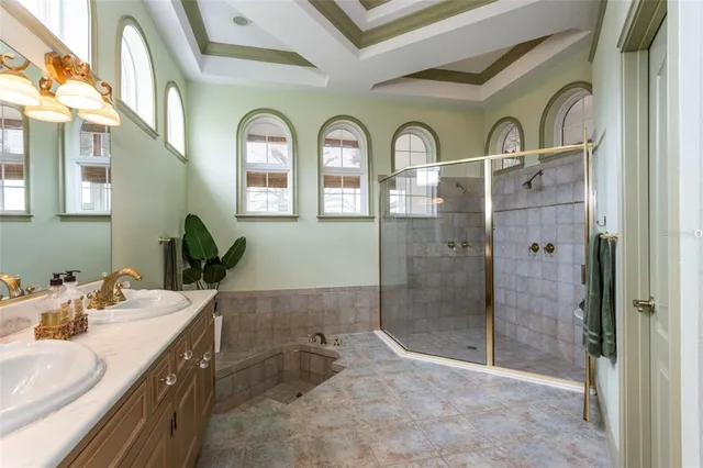 a bathroom with a granite countertop sink mirror and shower