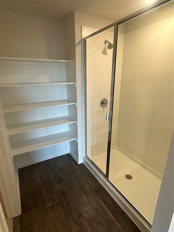 563 Evergreen Sumac Loop Kyle, TX 78640 - Photo 10 of 18 A well-appointed shower with glass enclosure and adjacent built-in shelving offers both function and style.