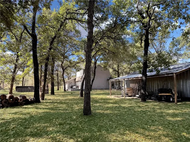 a view of a backyard with large trees
