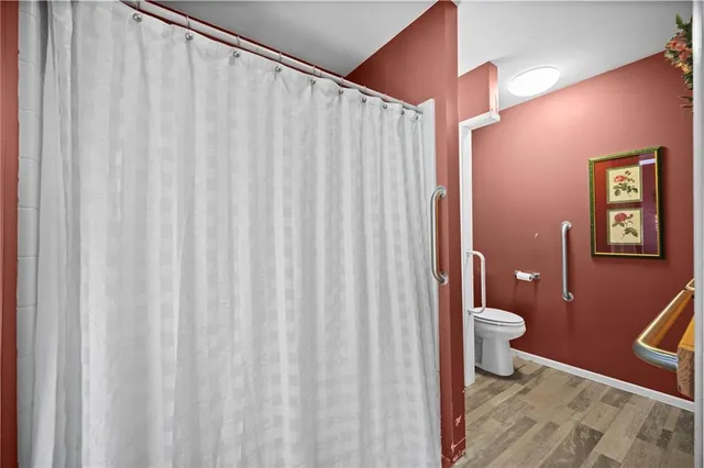 a bathroom with a toilet and a shower curtain