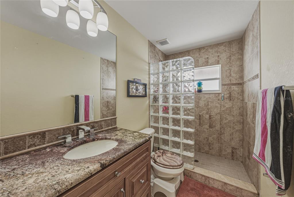 4178 Des Prez Court Hernando Beach, FL 34607 - Photo 37 of 76 a bathroom with a granite countertop sink a toilet and a mirror