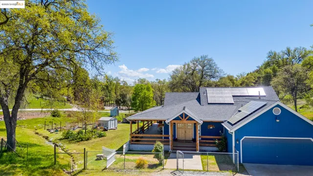 a view of a patio with table and chairs potted plants and large tree