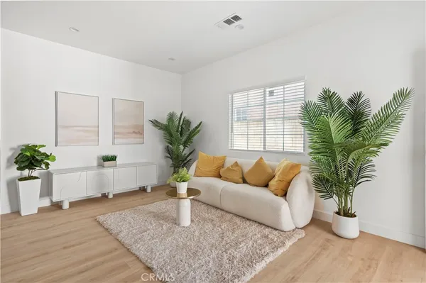 a living room with furniture potted plant and window