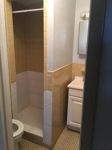 a bathroom with a shower and toilet