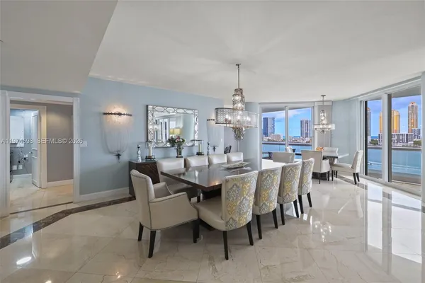 a view of a dining room with furniture