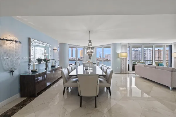 a view of a dining room with furniture