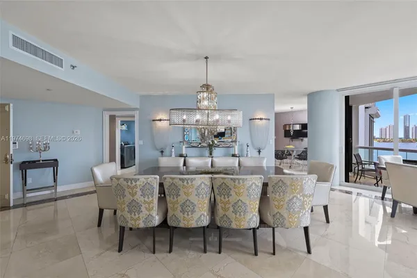 a view of a dining room with furniture