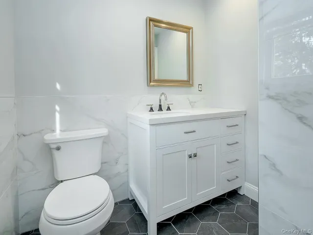 a bathroom with a toilet a sink a mirror and vanity