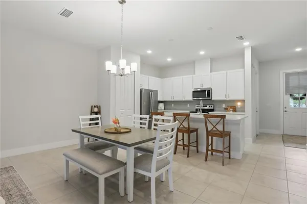 a view of a dining room with furniture