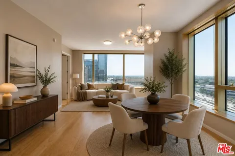 a dining room with furniture a chandelier and wooden floor