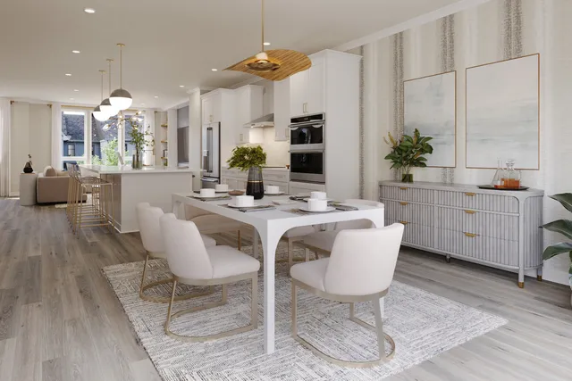 a dining room with furniture a chandelier and wooden floor
