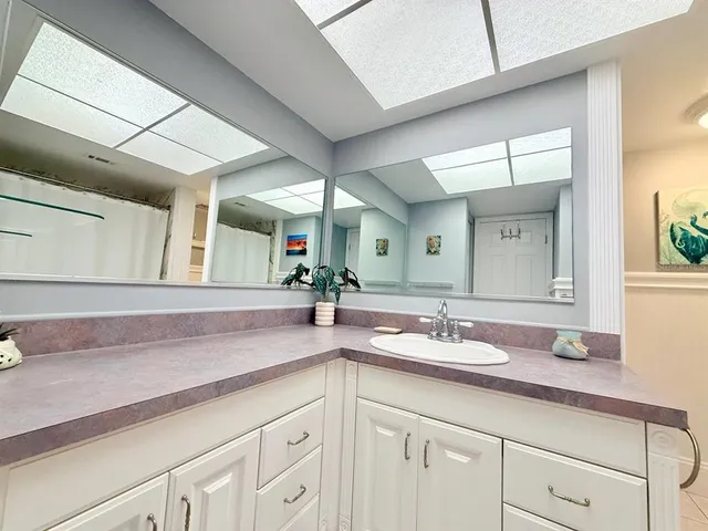 a bathroom with a sink and a mirror