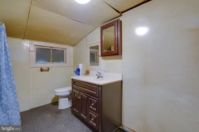 a bathroom with a sink mirror vanity and toilet