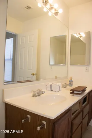 a bathroom with a sink vanity and a mirror