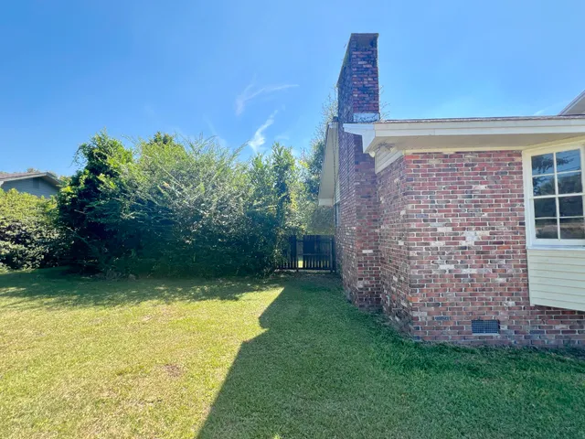 a view of a backyard with plants and a lawn chairs