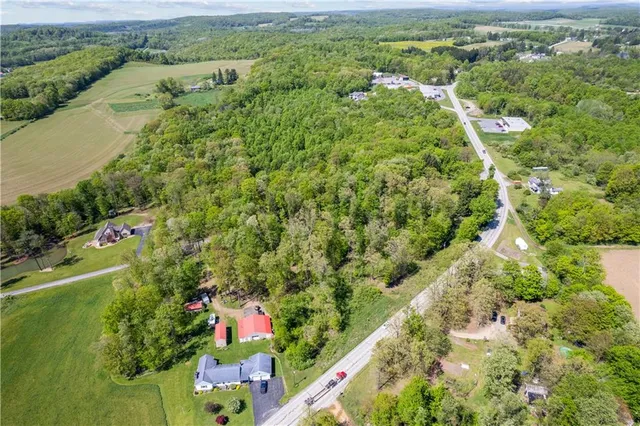 an aerial view of residential houses with outdoor space and trees