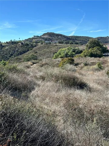 a view of a dry yard with mountains in the background