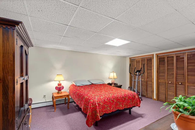 a bedroom with a bed closet and a potted plant