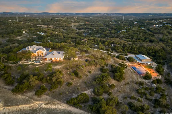an aerial view of a house with a garden