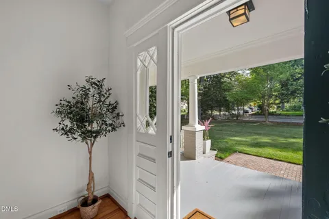 a view of a porch with garden