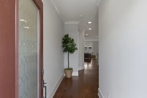 a hallway with wooden floor and a potted plant