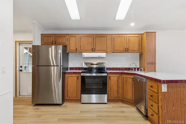 a kitchen with a refrigerator sink and cabinets