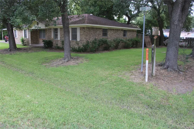 a view of a house with backyard and a tree