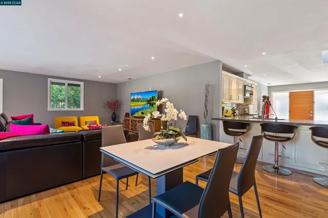 a view of a dining room with furniture and wooden floor