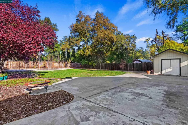 a view of a house with backyard and a tree