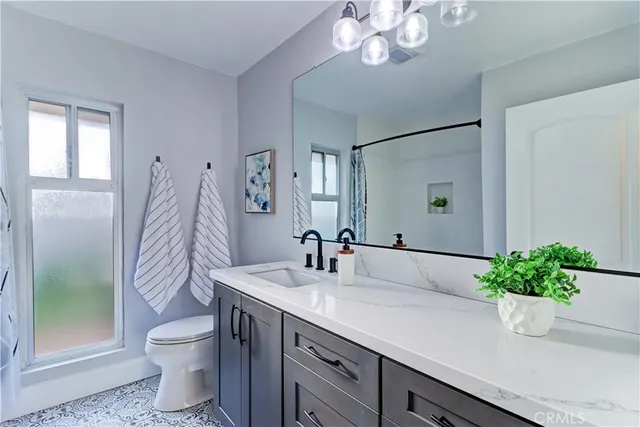 a bathroom with a sink a toilet and a large mirror