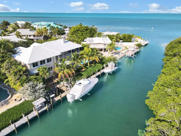 a aerial view of a house with swimming pool garden and patio