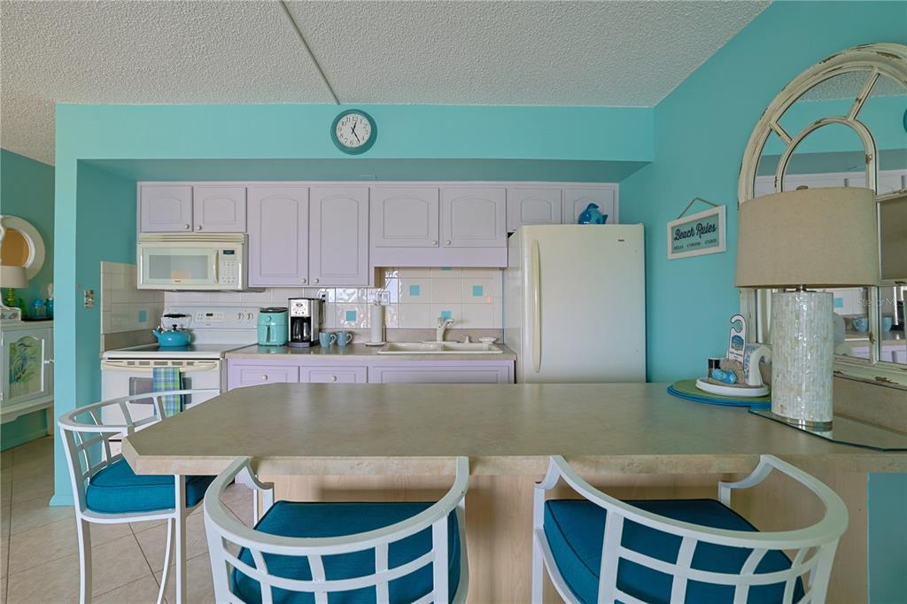 3700 South Atlantic Avenue, Unit 414 New Smyrna Beach, FL 32169 - Photo 12 of 30 a kitchen with stainless steel appliances granite countertop a table chairs and a refrigerator