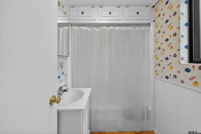 a bathroom with a sink a mirror and shower curtain