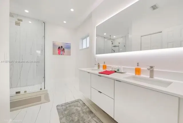 a bathroom with a sink vanity mirror and shower
