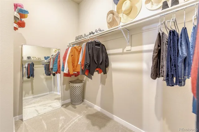 a view of walk in closet with clothes and shoes