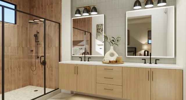 a bathroom with double vanity sink a mirror a glass door and shower