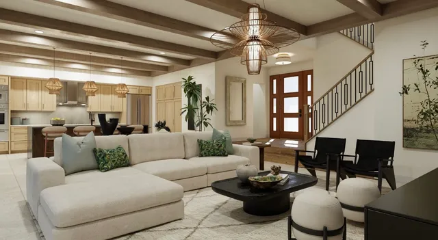 a living room with furniture and a chandelier