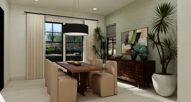 a dining room with furniture and a floor to ceiling window