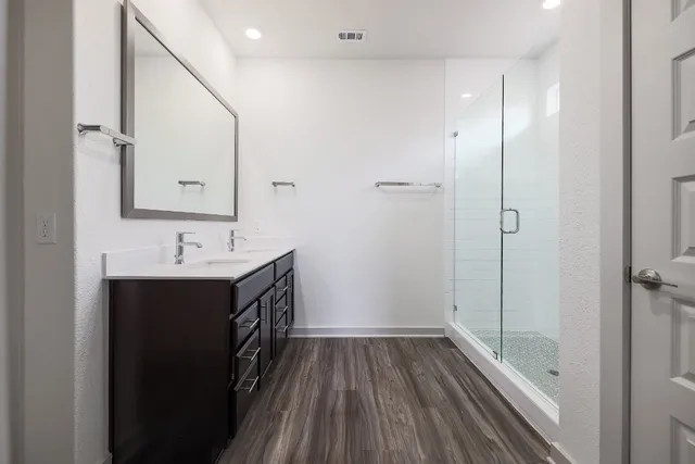 a bathroom with a sink a mirror and shower