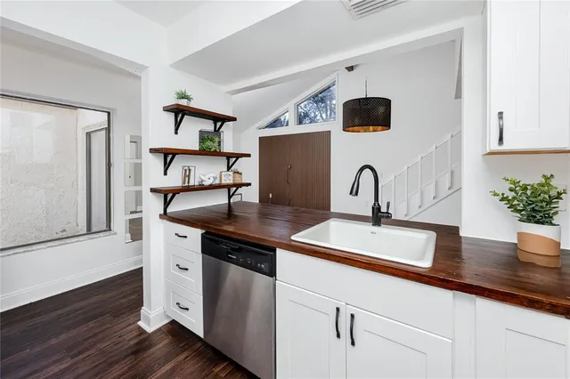 a kitchen with a sink and a potted plant