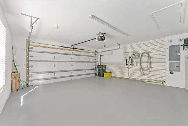 a view of a garage with storage