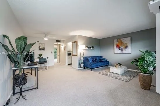 a living room with furniture potted plant and a window
