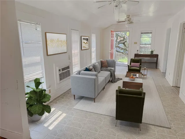a living room with furniture and a potted plant