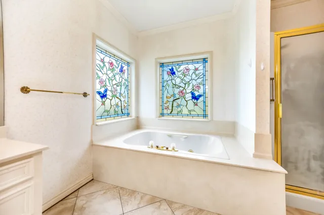 a bathroom with a bathtub and a shower