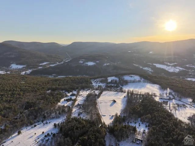 a view of a town with mountains in the background