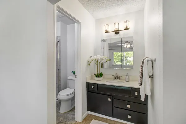a bathroom with a sink a toilet and a mirror