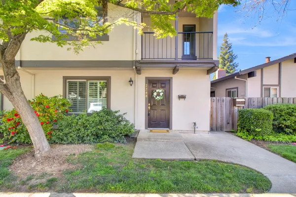 a hallway with painting and a potted plant