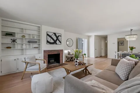 a living room with furniture a fireplace and a potted plant
