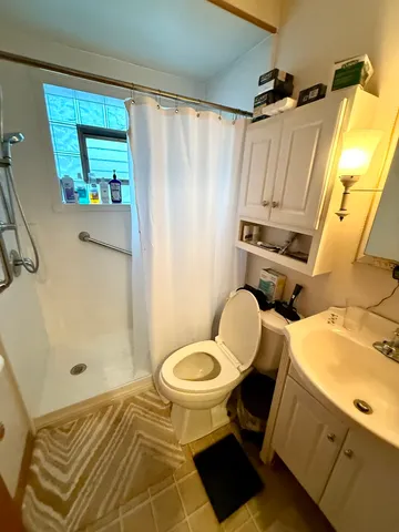 a bathroom with a sink toilet and shower